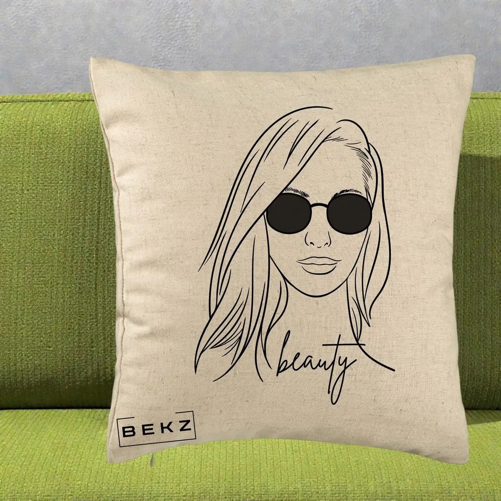 Perna Decorativa Beauty Girl Line Art, 40x40 cm, Bej, Husa Detasabila, Perna Inclusa, BEKZ®