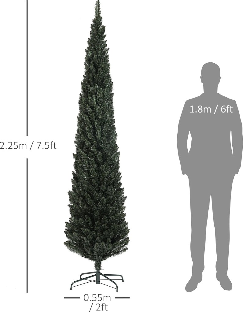 HOMCOM Brad Artificial de Crăciun cu 538 Ramuri, Brad de Crăciun Îngust și Spațios cu Bază de Oțel, Ø55x225 cm, Verde | Aosom Romania