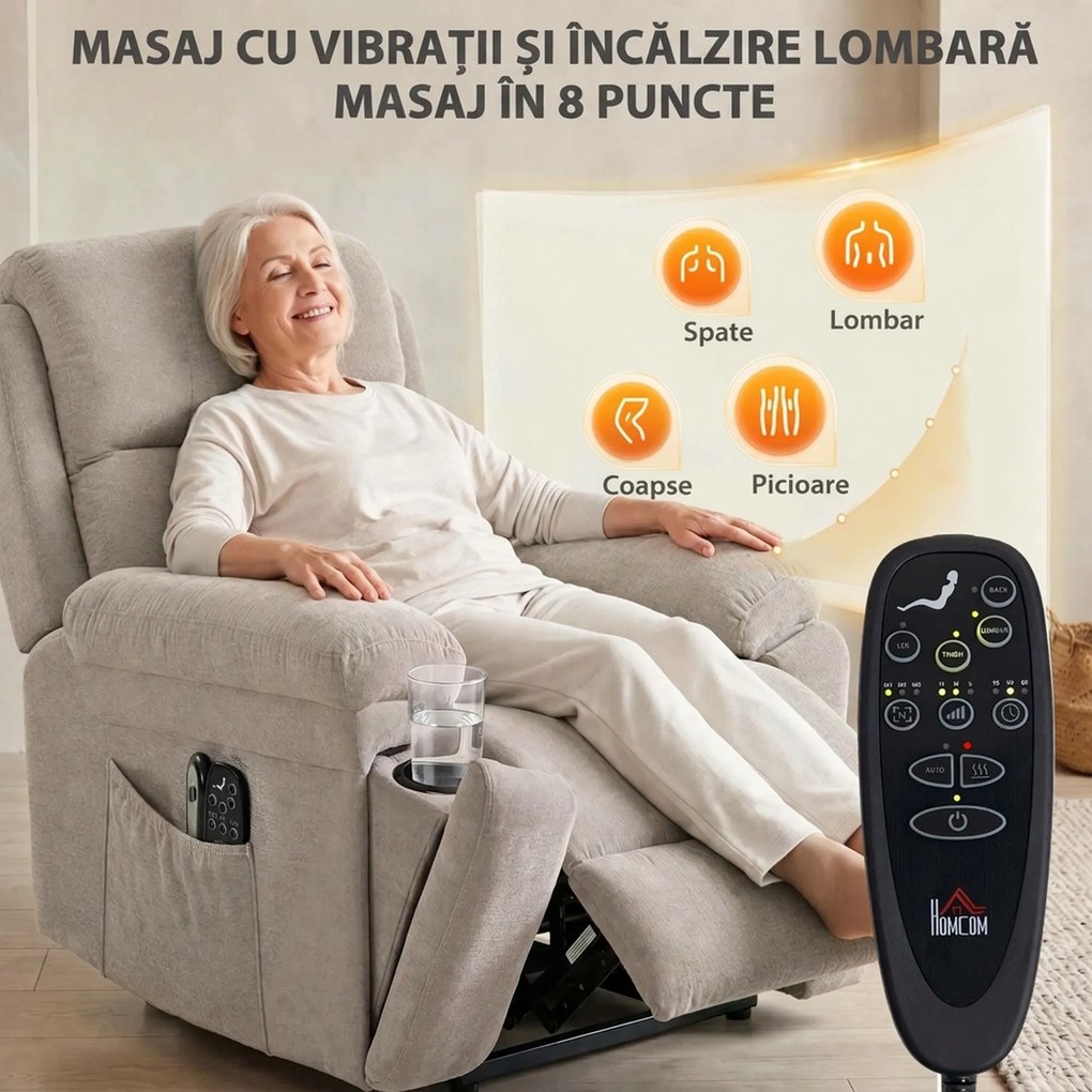 HOMCOM Fotoliu recliner electric cu ridicare, încălzire și masaj în 8 puncte, din chenille, 2 telecomenzi, bej | Aosom Romania