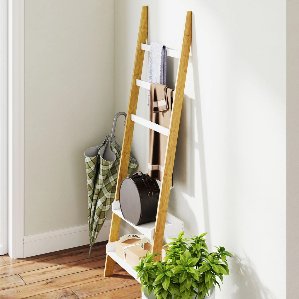 HOMCOM Etajeră de depozitare etajeră scară cu 2 rafturi și 3 suporturi pentru prosoape pentru cameră și living, alb | Aosom Romania