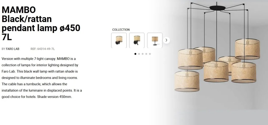 Lustra suspendata cu 7 pendule design natural MAMBO 45cm negru/ratan