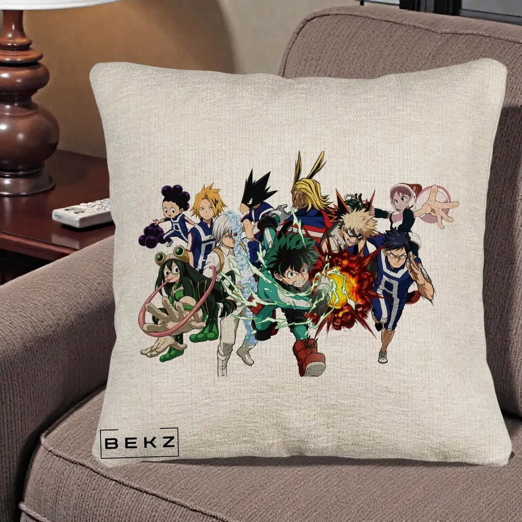 Perna Personalizata My Hero Academia Clasa 1-A Complet, 40x40 cm, Bej Canapea, Husa Detasabila, Perna Inclusa, BEKZ®