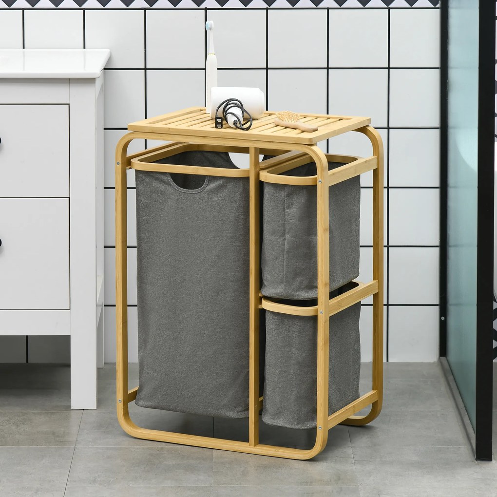 HOMCOM Coș de rufe cos de depozitare coș de rufe murdare din bambus 3 coșuri - 49l x 33P x 70H cm gri | Aosom Romania