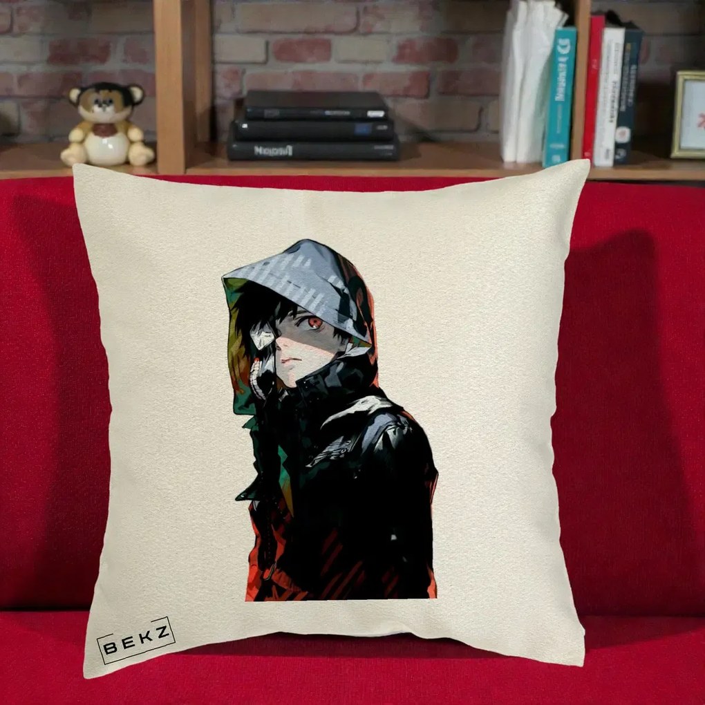 Perna Personalizata Tokyo Ghoul Ken Kaneki cu Masca si Gluga, 40x40 cm, Ecru, Husa Detasabila, Perna Inclusa, BEKZ®
