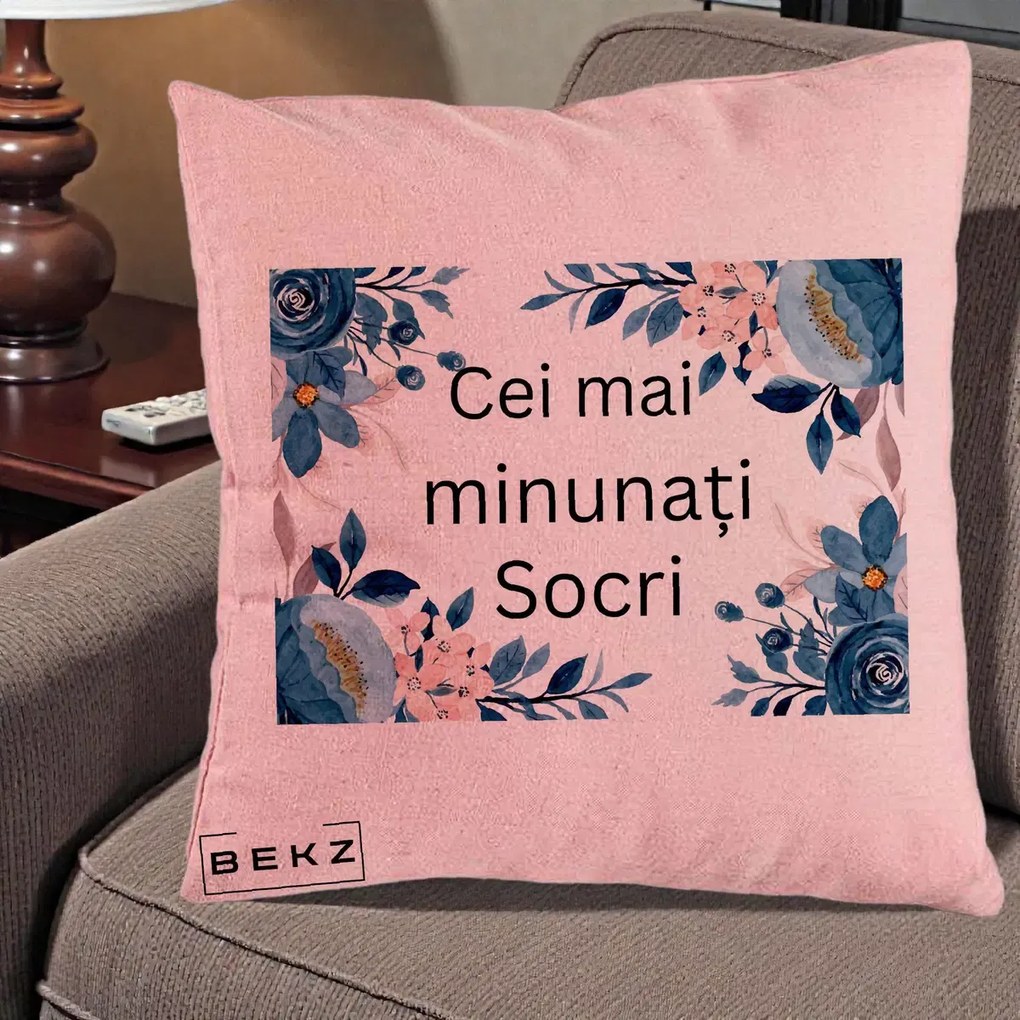 Cadou pentru Socri - Perna Personalizata Cei mai Minunati Socri cu Flori Albastre si Roz, 40x40 cm, Roz, Husa Detasabila, Perna Inclusa, BEKZ®