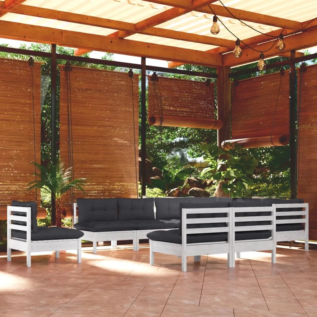 vidaXL Set mobilier grădină cu perne, 10 piese, alb, lemn masiv pin