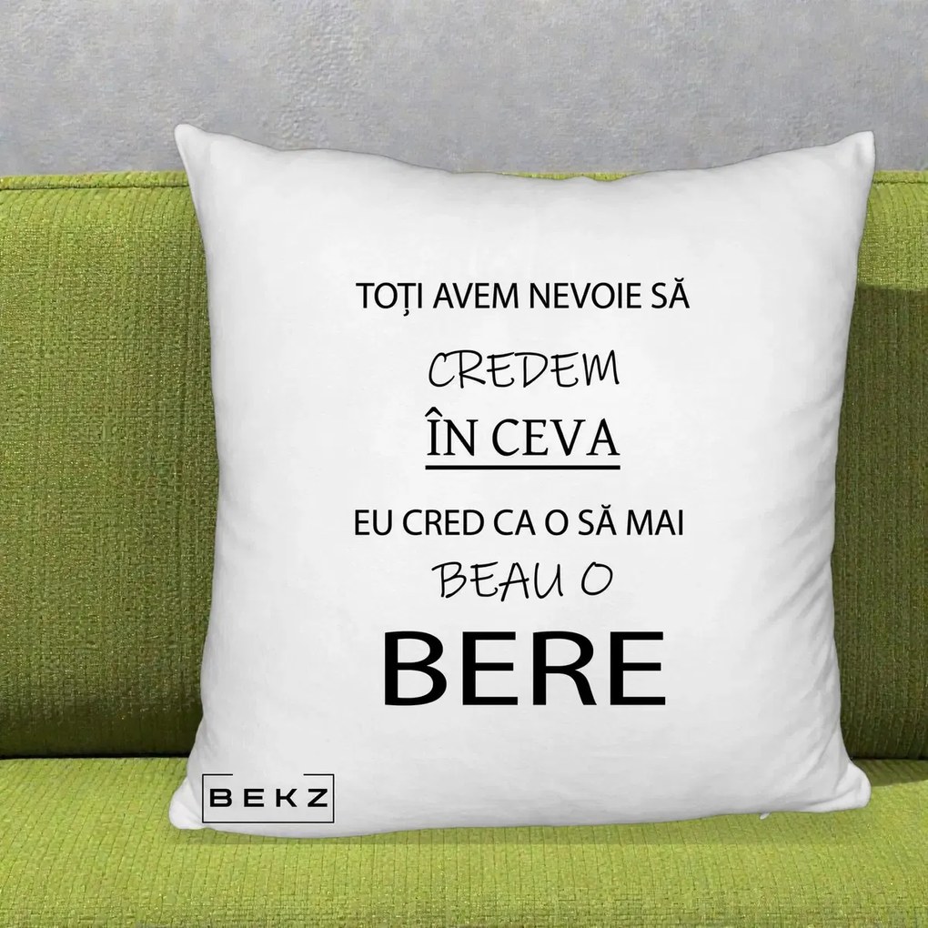 Perna Decorativa Eu Cred ca mai Beau o Bere, 40x40 cm, Alb Pufos, Husa Detasabila, Perna Inclusa, BEKZ®