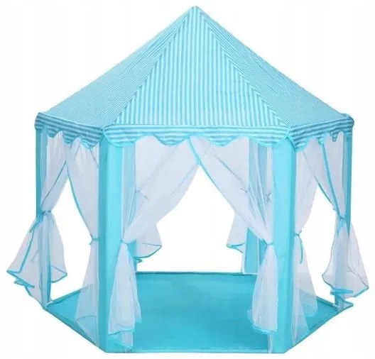 Cort de joaca pentru copii, hexagonal, cu perdele, albastru si alb, 135x135x140 cm