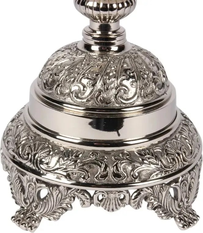 Suport lumânare din alamă lucrată manual și sticlă, argintiu, cu picior înalt, cilindru transparent și două mânere sculptate, 59,5 x 20 cm, „Assiya”