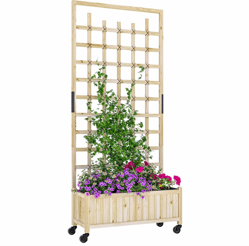 Outsunny Jardinieră cu spalier, ghiveci pe roți, pentru plante agățătoare, lemn masiv, 82,5x35x186cm, lemn natural | Aosom Romania