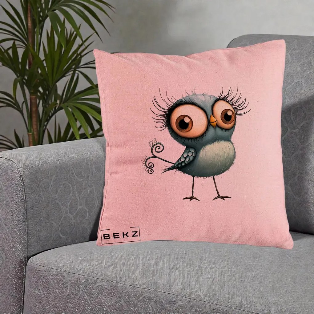 Perna Decorativa Pasare Teal cu Gene si Coada Spiralata, 40x40 cm, Roz, Husa Detasabila, Perna Inclusa, BEKZ®