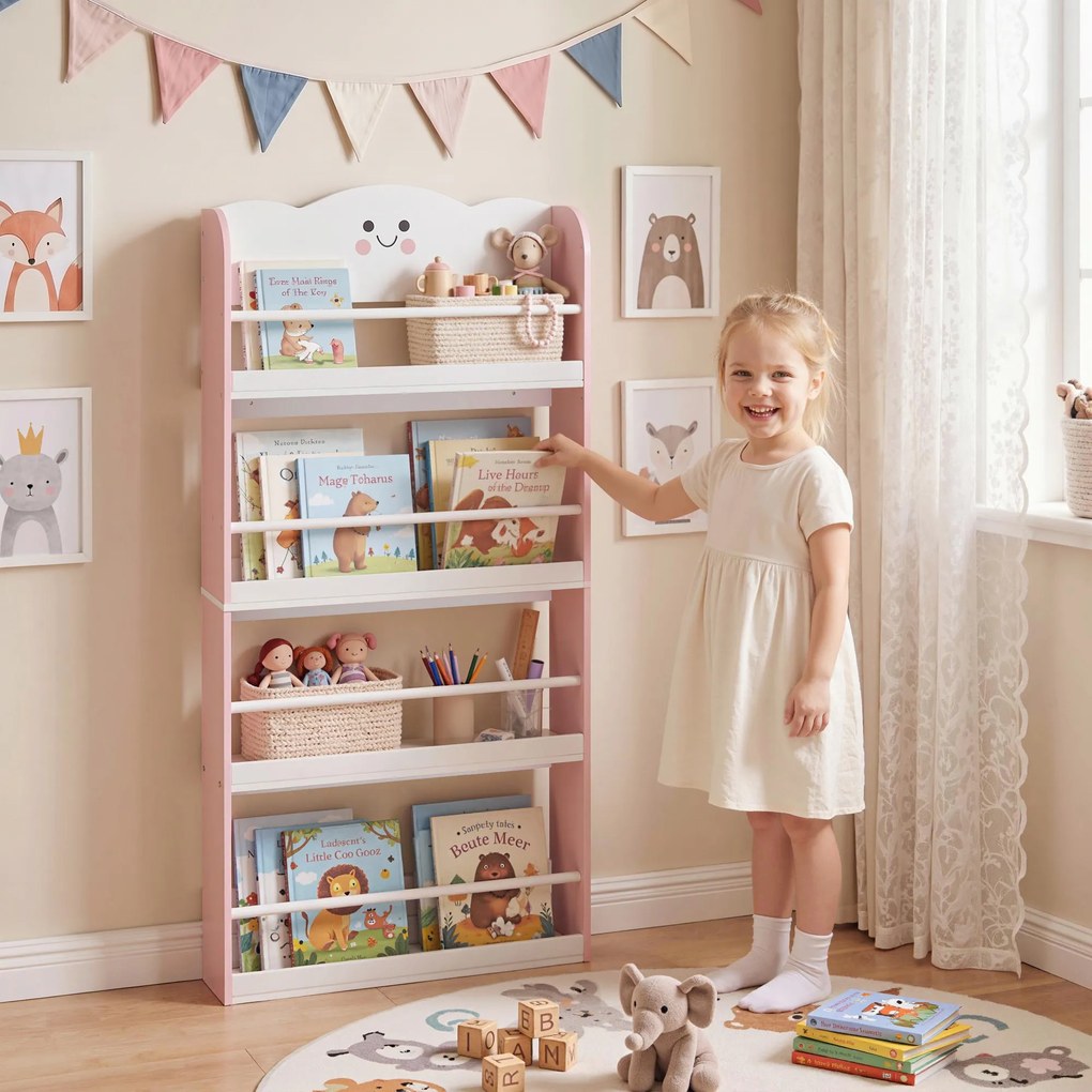 AIYAPLAY Bibliotecă Montessori Copii 3-6 Ani, Tematică Vată de Zahăr, 4 Rafturi din Lemn, Cameră Copii, Roz | Aosom Romania