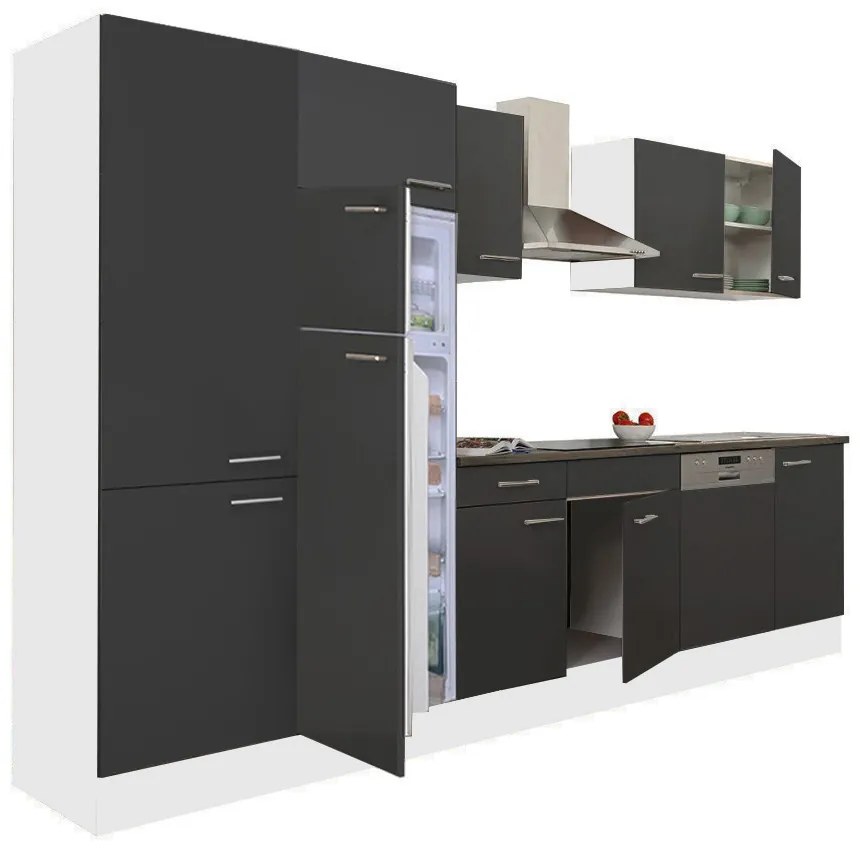 Mobilă de bucătărie Yorki 340 cu corp alb, față antracit satinat, dulap cu rafturi și frigider cu congelator superior