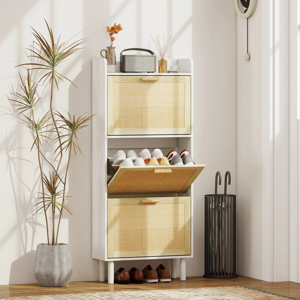HOMCOM Dulap pentru pantofi 3 uși rabatabile etajeră efect rășină împletită design boem 65 x 24,5 x 153 cm alb | Aosom Romania
