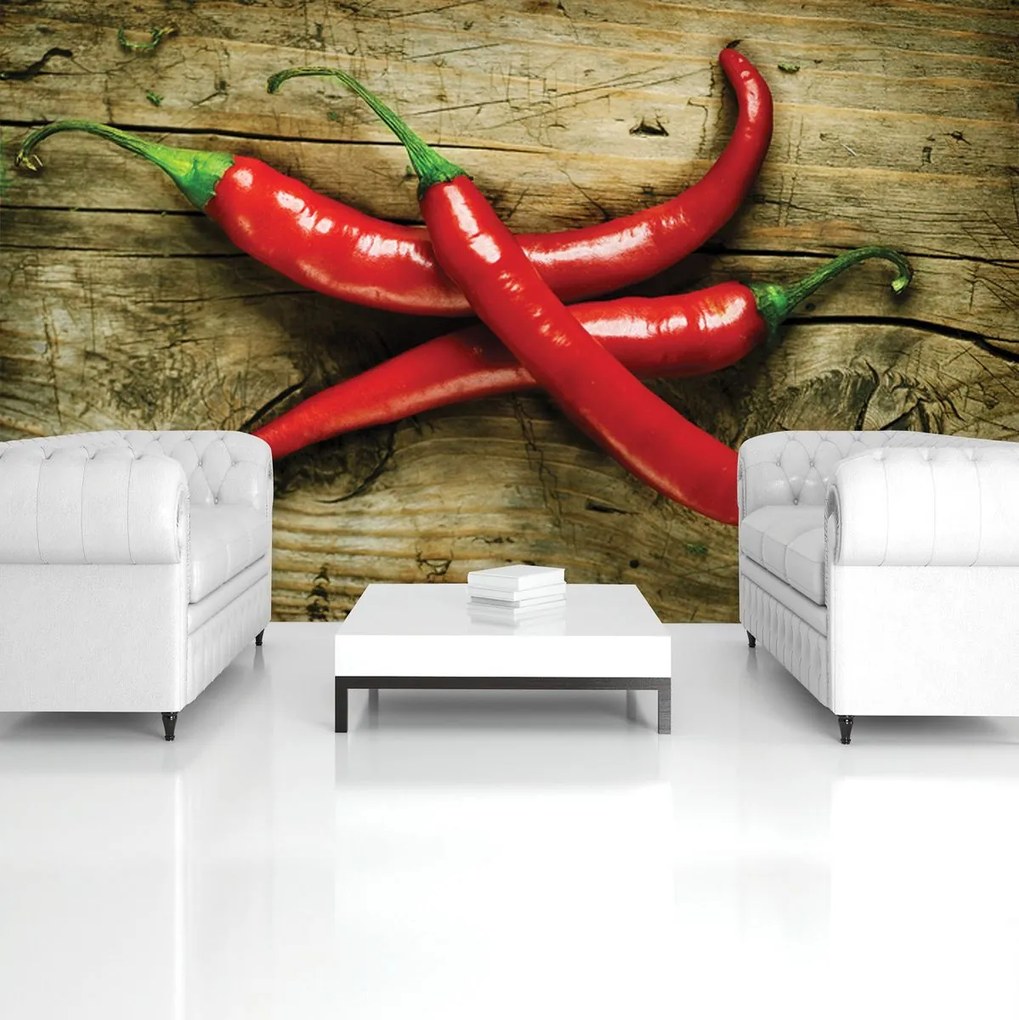 Fototapet - Chili ardei pe scănduri (254x184 cm)