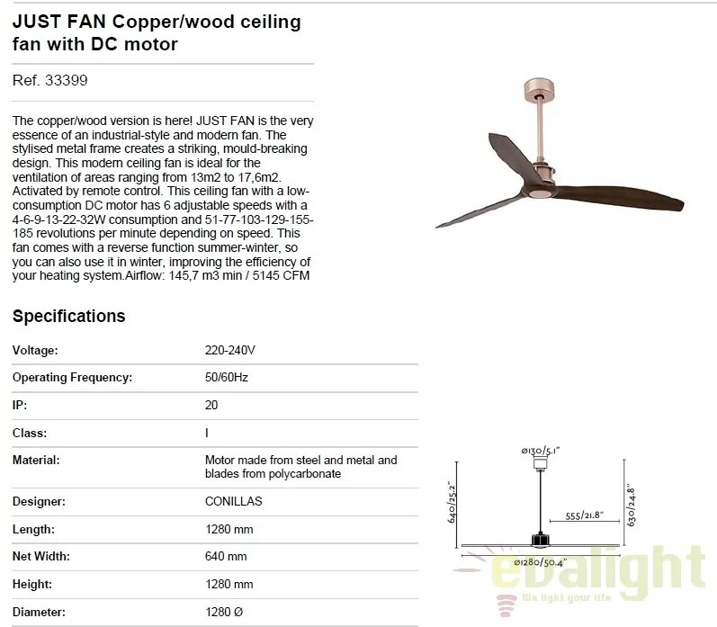 Ventilator cu telecomanda JUST cupru/ nuc 33399