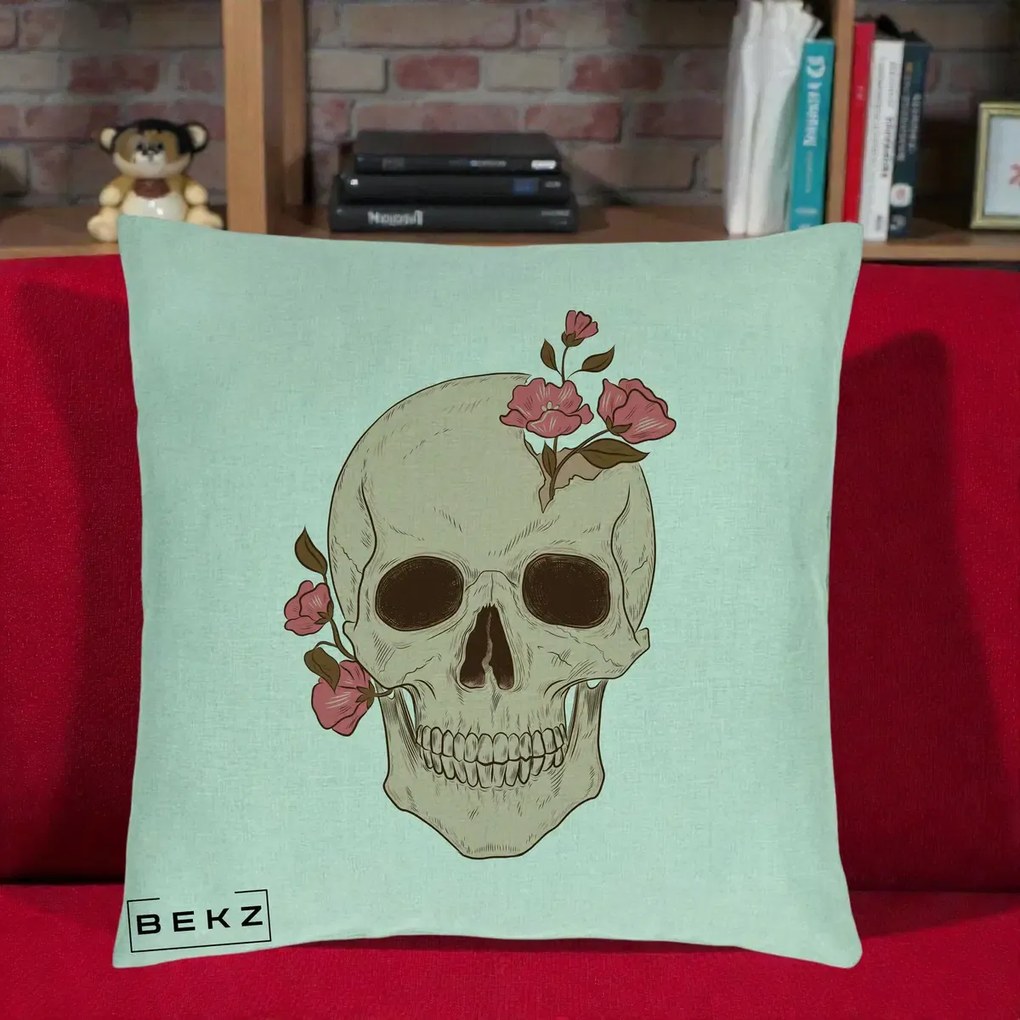 Perna Decorativa Craniu Floral Gothic, 40x40 cm, Verde Menta, Husa Detasabila, Perna Inclusa, BEKZ®