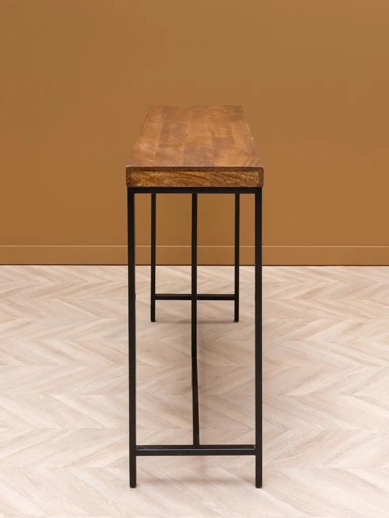 Consolă din lemn de mango, cu blat maro antichizat și picioare din metal negru, finisaj satinat, 180.5×40×98.5 cm, „Kirt"