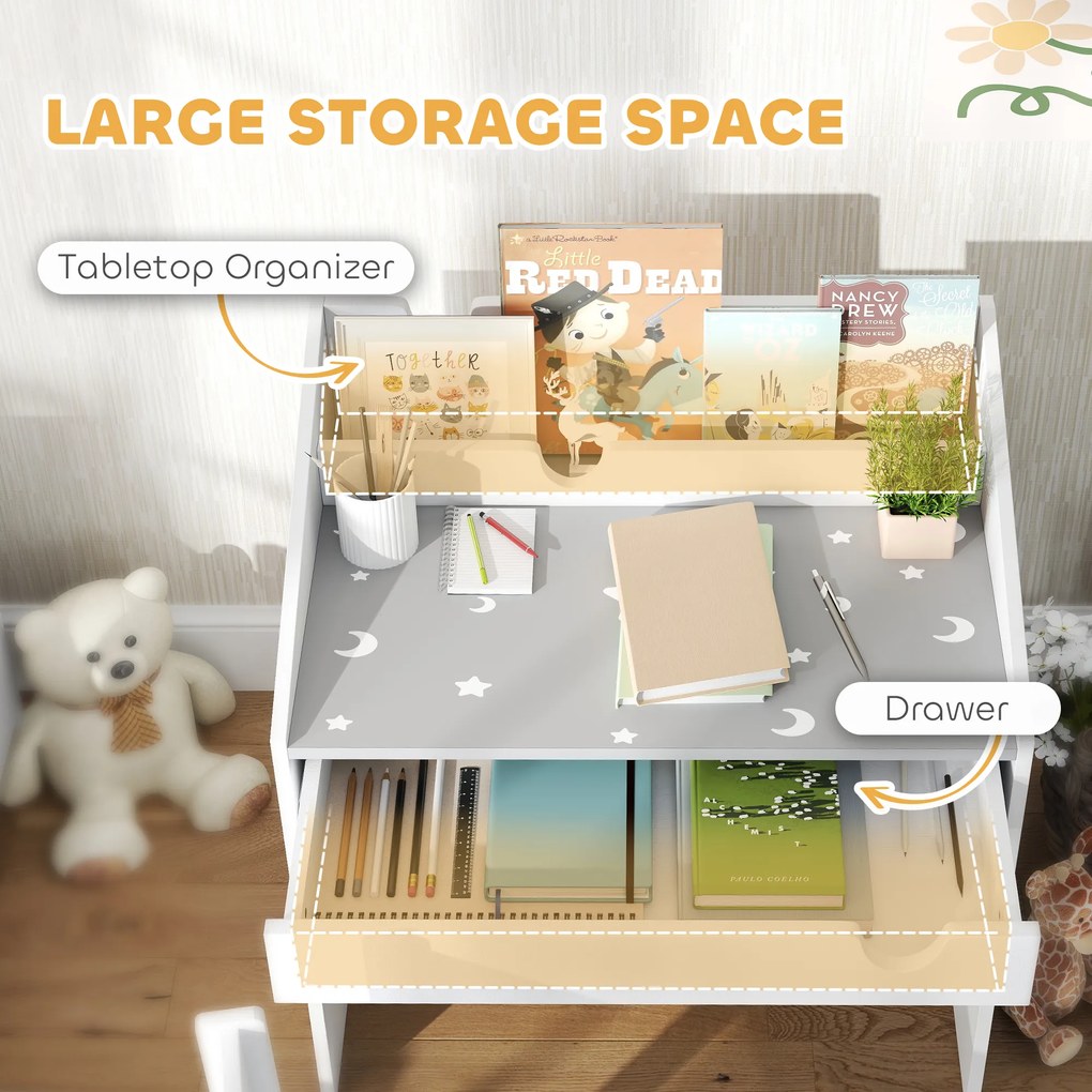 Set AIYAPLAY de Scaun și Masă pentru Copii 3-6 Ani cu Organizator și Sertar Retractabil, din Lemn Gri | Aosom Romania