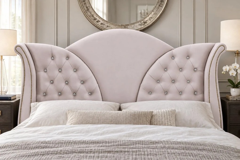 Pat tapițat Chesterfield din catifea Velora Cristal 160×200 cm, crem, cu ladă de depozitare