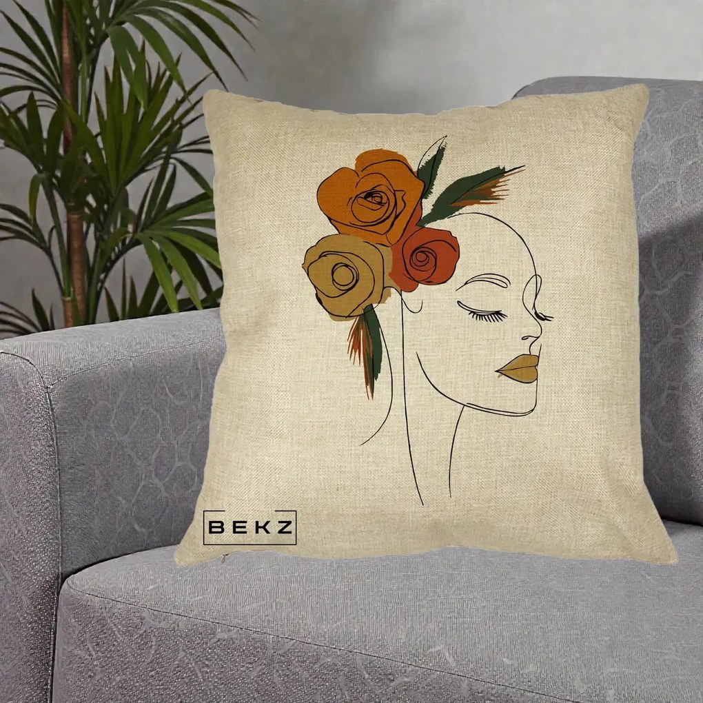 Perna Decorativa Portret Feminin Trandafiri Ruginii, 40x40 cm, Crem, Husa Detasabila, Perna Inclusa, BEKZ®