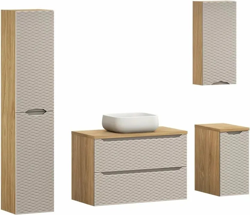 Set mobilier baie 90 cm 7 piese Comad Ocean bej si stejar uleiat