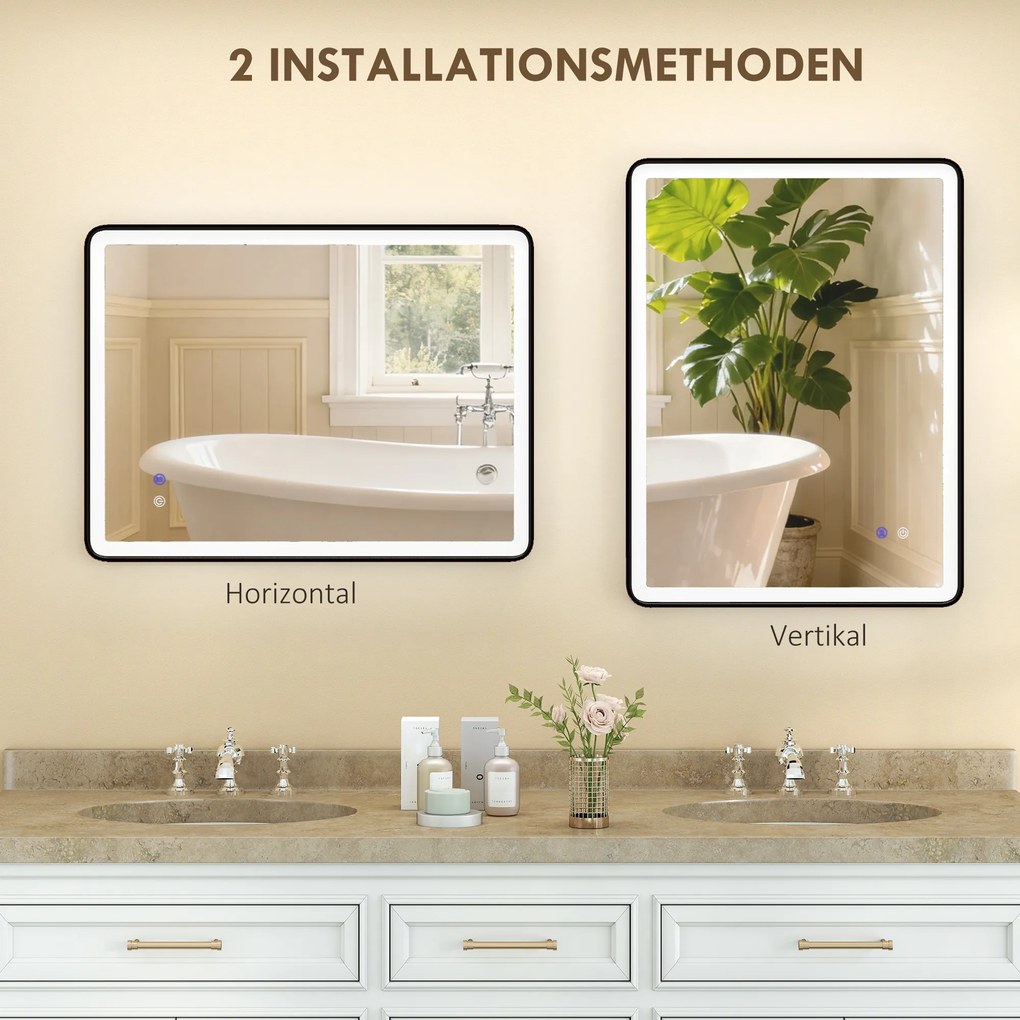 HOMCOM Oglindă baie LED Anti-aburire Oglindă machiaj dimabilă cu iluminare 80 x 60 cm Ramă neagră | Aosom Romania