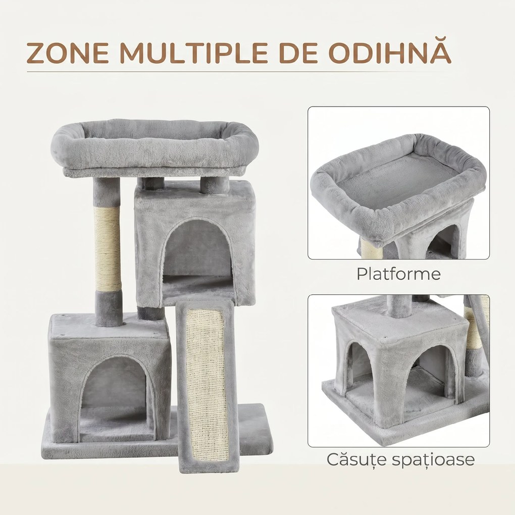 PawHut Ansamblu pentru pisici cu stalpi din sisal, pat si 2 case cu tapiterie de plus, 59x39x83cm, gri | Aosom Romania