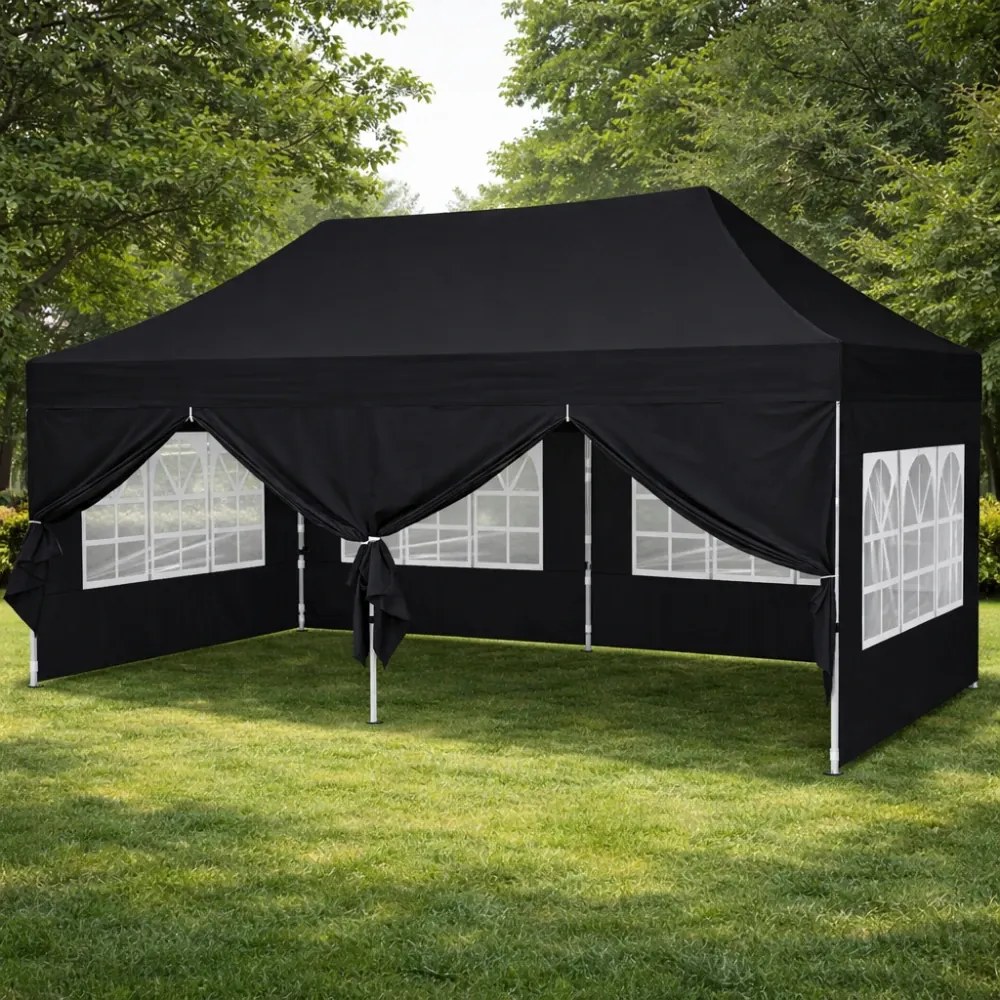 ABCCANOPY – Cort pavilion pliabil 6x3 m, înălțime reglabilă 3 trepte, pereți cu ferestre transparente, impermeabil, Negru