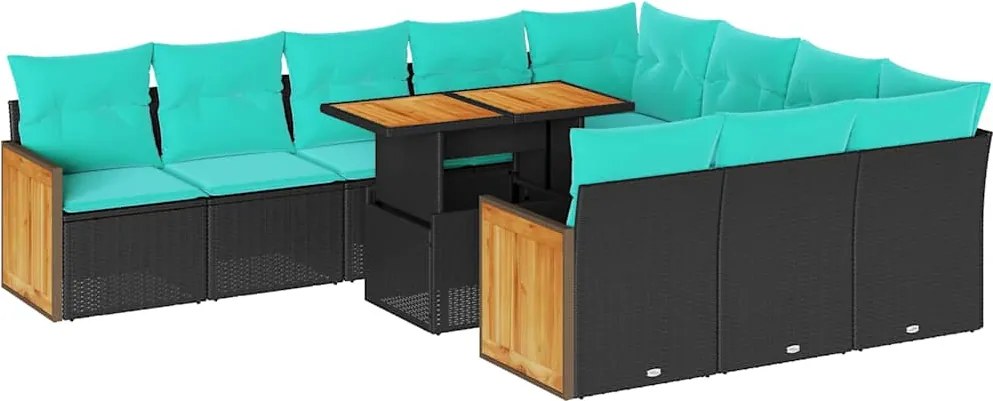 vidaXL Set canapele grădină cu perne 11 piese, negru, poliratan/acacia
