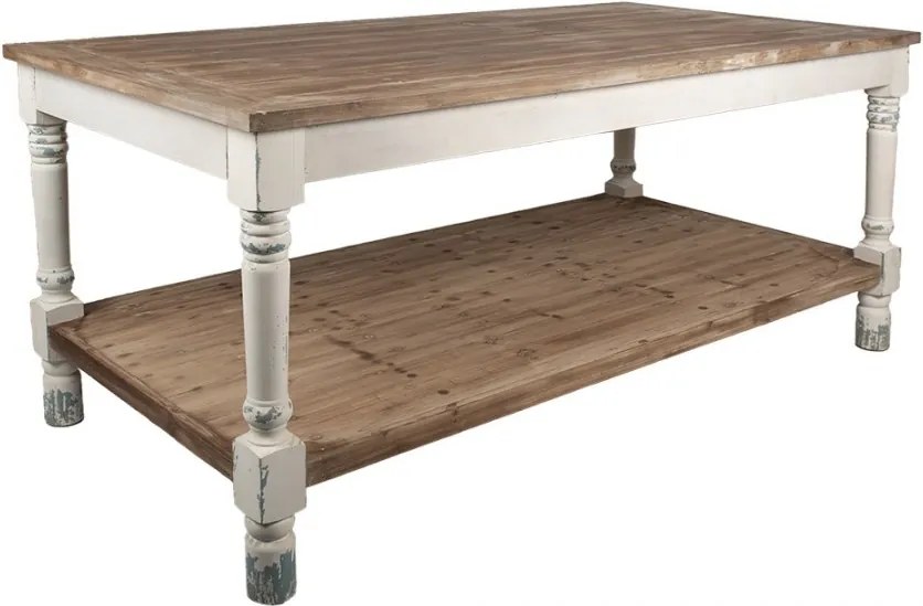Masă de prezentare shabby chic din lemn, natur, cu raft inferior și picioare strunjite, finisaj alb antichizat, 85 x 200 x 100 cm, „Clarisse”