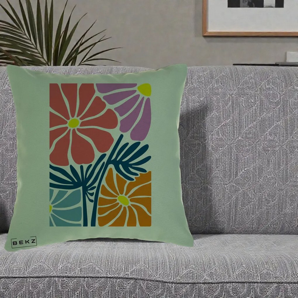 Perna Decorativa Flori Grafice Roz-Orange-Albastru, 40x40 cm, Verde, Husa Detasabila, Perna Inclusa, BEKZ®