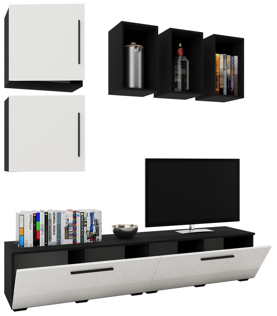 Living Kos V8, Negru/Alb Lucios, MDF, L 190 cm