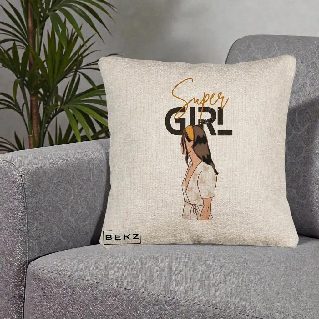 Perna decorativa Super Girl Aesthetic, 40x40 cm cu Umplutura, Bej Canapea, BEKZ
