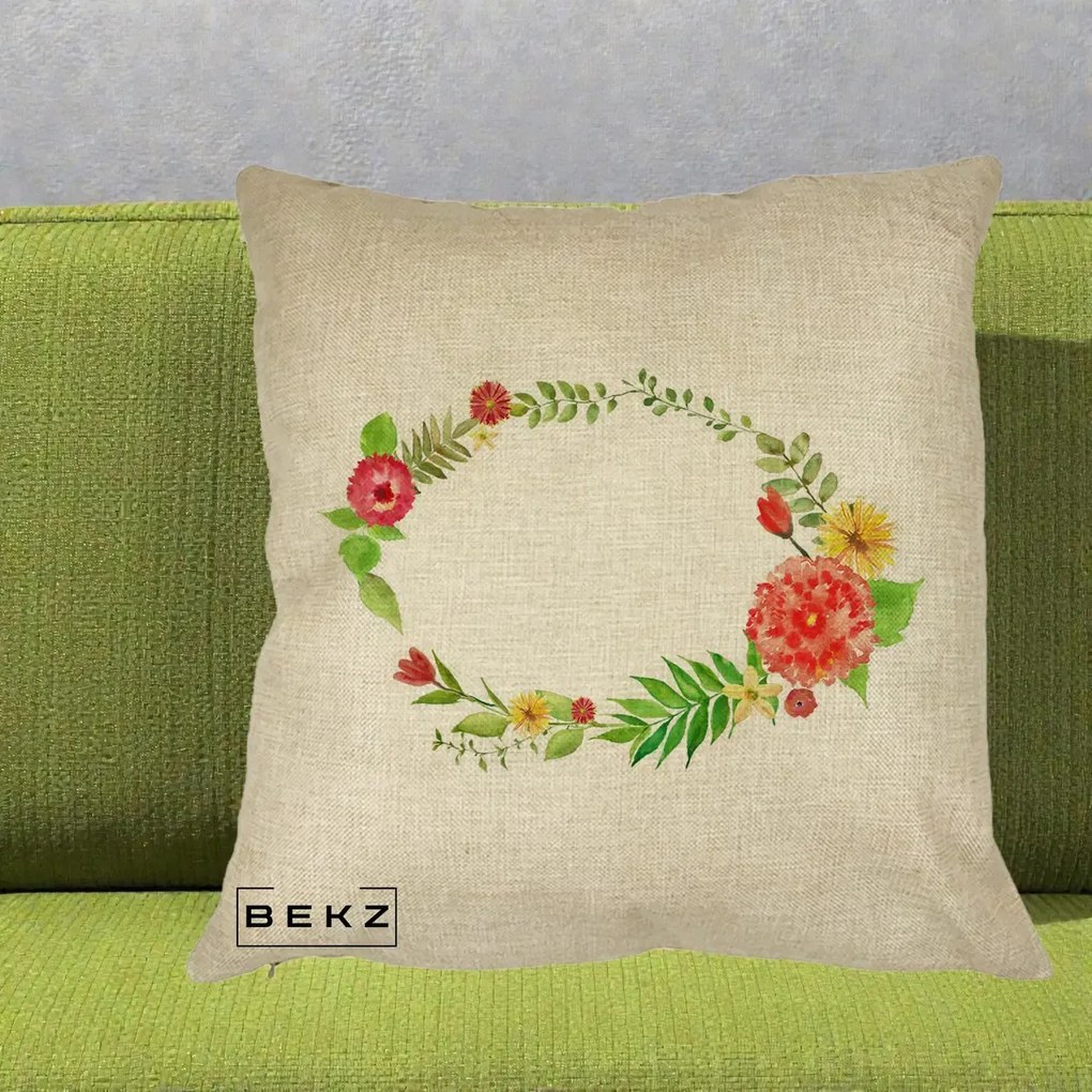 Perna Decorativa Coroana Florala Acuarela, 40x40 cm, Crem, Husa Detasabila, Perna Inclusa, BEKZ®