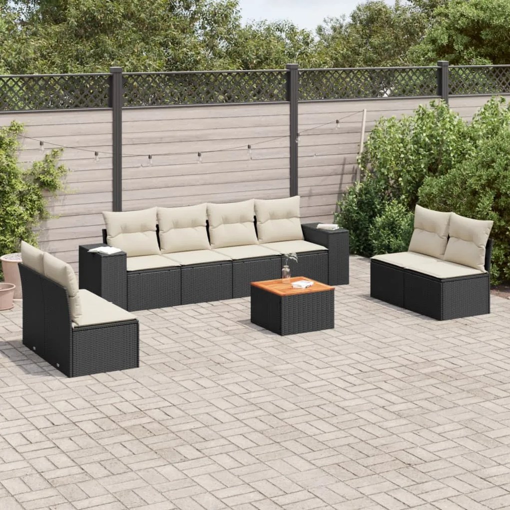 3257736 vidaXL Set mobilier de grădină cu perne, 9 piese, negru, poliratan