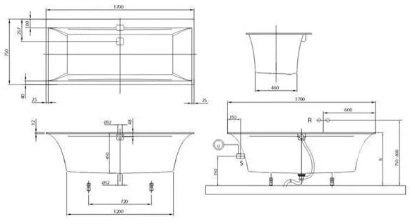 Cada pentru inzidire Villeroy & Boch, Squaro Edge, 170 x 75 cm, alb