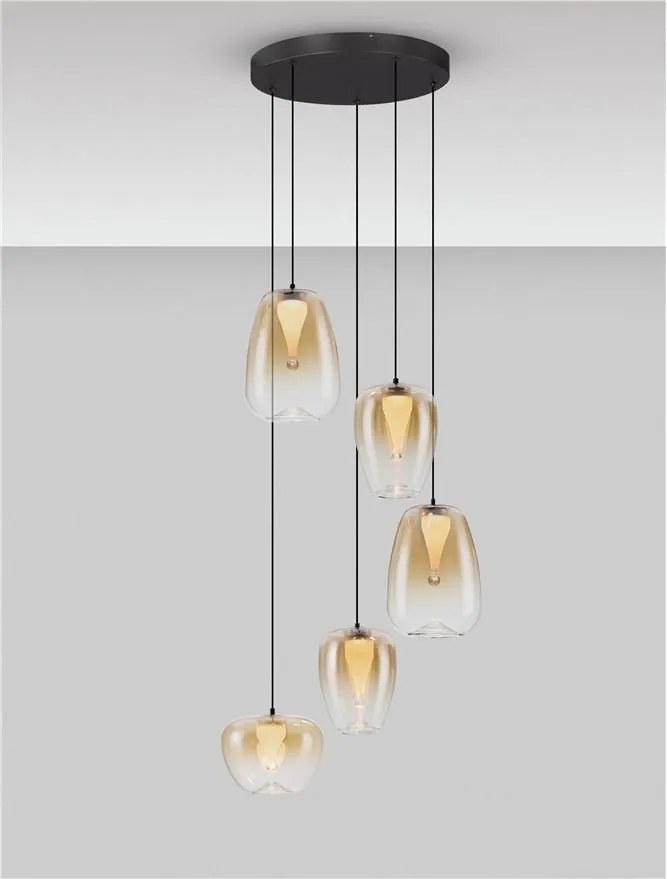 Lustra moderna cu 5 pendule LED, Metal, Sticla, Chihlimbar, OBLO
