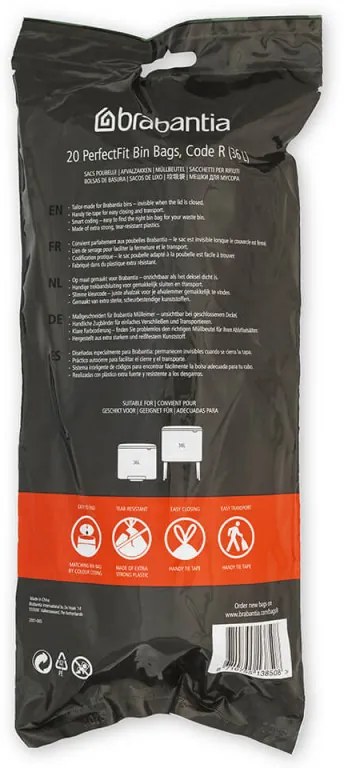 Saci de gunoi Brabantia PerfectFit Bo 1005588, Dimensiune R, 36 L, 20 buc, Alb
