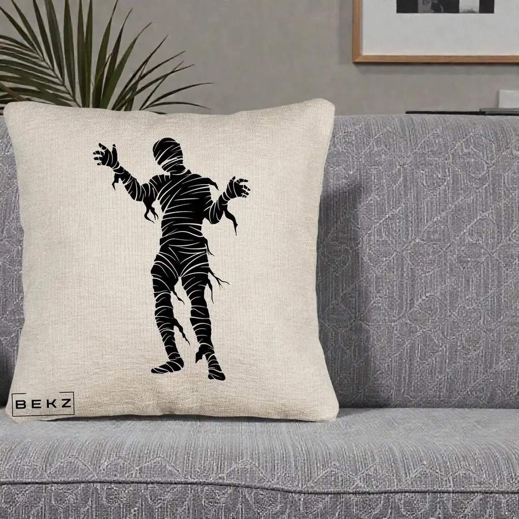 Perna Decorativa Mormii Infricosat Silueta Neagra Halloween, 40x40 cm, Bej Canapea, Husa Detasabila, Perna Inclusa, BEKZ®