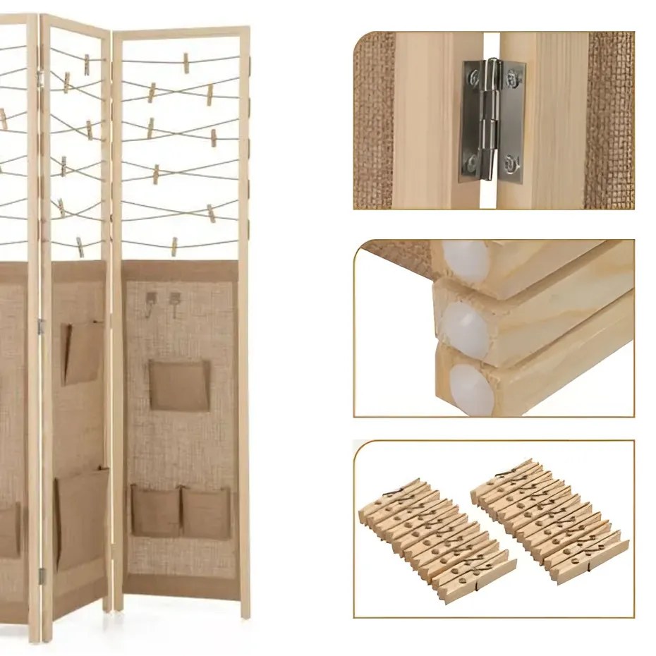 Paravan cu 3 panouri, 8 compartimente de depozitare și 4 cârlige – natur