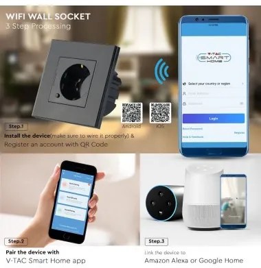 Priza simpla V-TAC Smart, sticla, 10A, compatibil Alexa si Google Home, negru