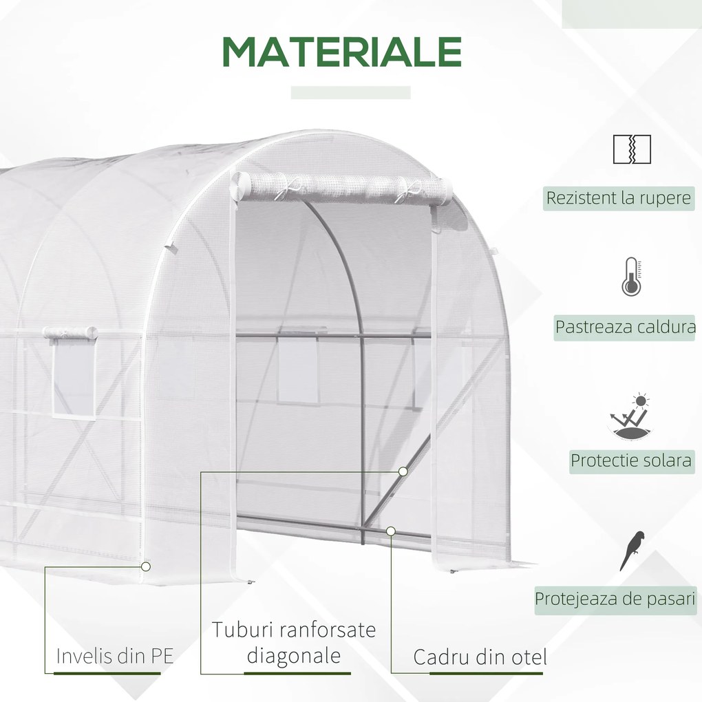 Outsunny Sera tunel cu 8 ferestre si usa rulanta, sera de gradina tunel pentru plante, 5x2x2m, alb | Aosom Romania