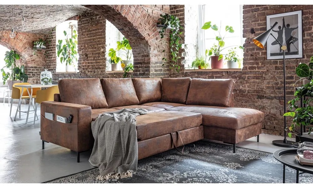 Colțar maro extensibil cu tapițerie din imitație de piele (cu colț pe partea dreaptă) Lofty Lilly – Miuform