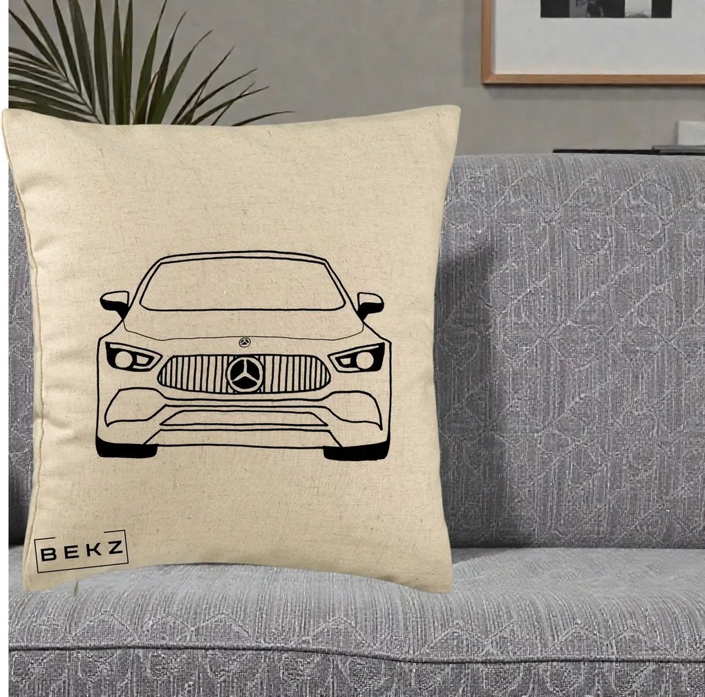 Perna Personalizata Mercedes-Benz Fata Linie, 40x40 cm, Bej, Husa Detasabila, Perna Inclusa, BEKZ®