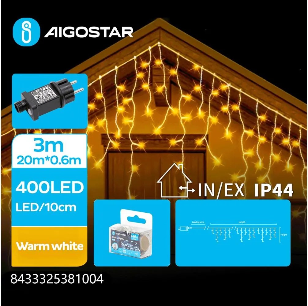 Aigostar - LED instalație luminoasă de exterior pentru Crăciun 400xLED/8 funcții 23x0,6m IP44 alb cald