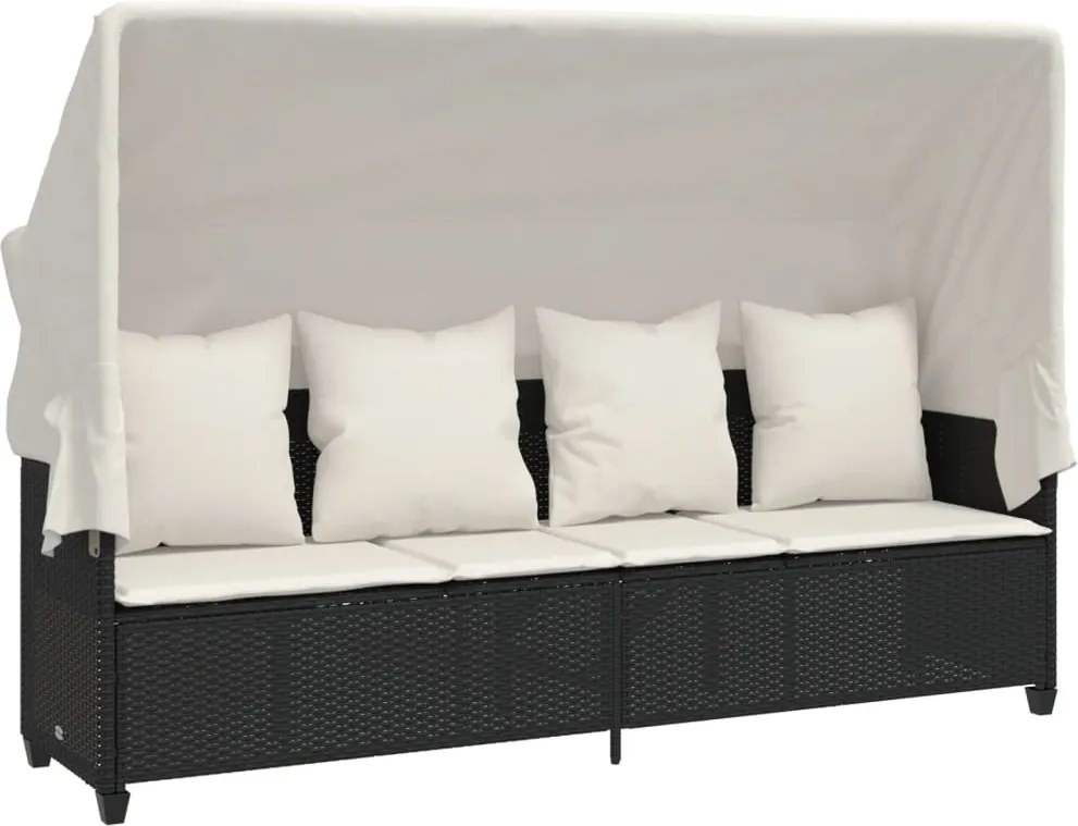 vidaXL Șezlong cu baldachin și perne, negru, poliratan