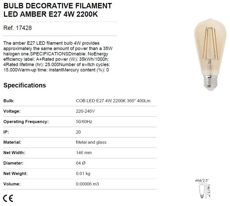 Bec LED E27 DECORATIV FILAMENT AMBER 4W 2200K 17428