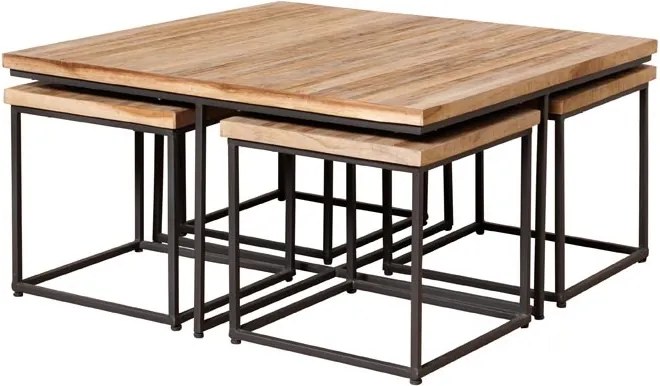 Set măsuță de cafea pătrată din lemn de tec și 4 scăunele, natur și negru, cu cadru din metal, finisaj mat, 40 x 90 x 90 cm, „Pocket”