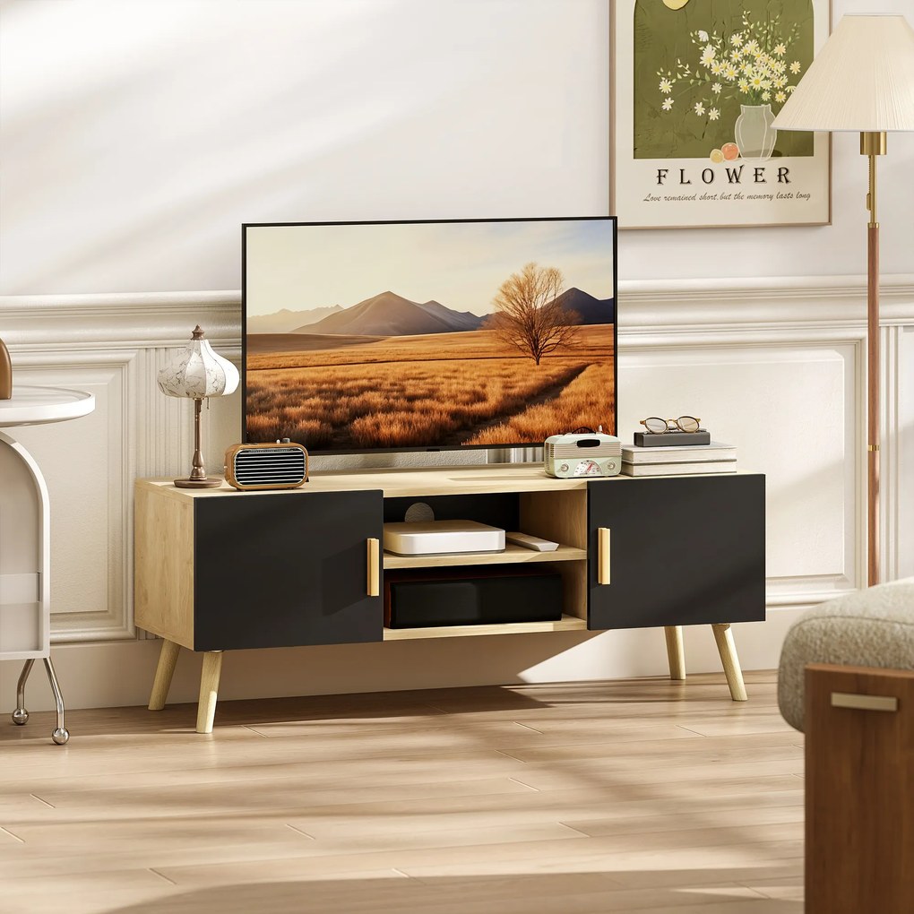 HOMCOM Suport TV din lemn până la 127 cm cu rafturi, 2 dulapuri și treceri pentru cabluri, stejar | Aosom Romania